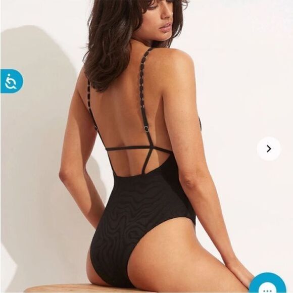Anthropologie x Seafolly Second Wave V Neck One Piece Swimsuit Black US 6 NWT - Picture 4 of 10